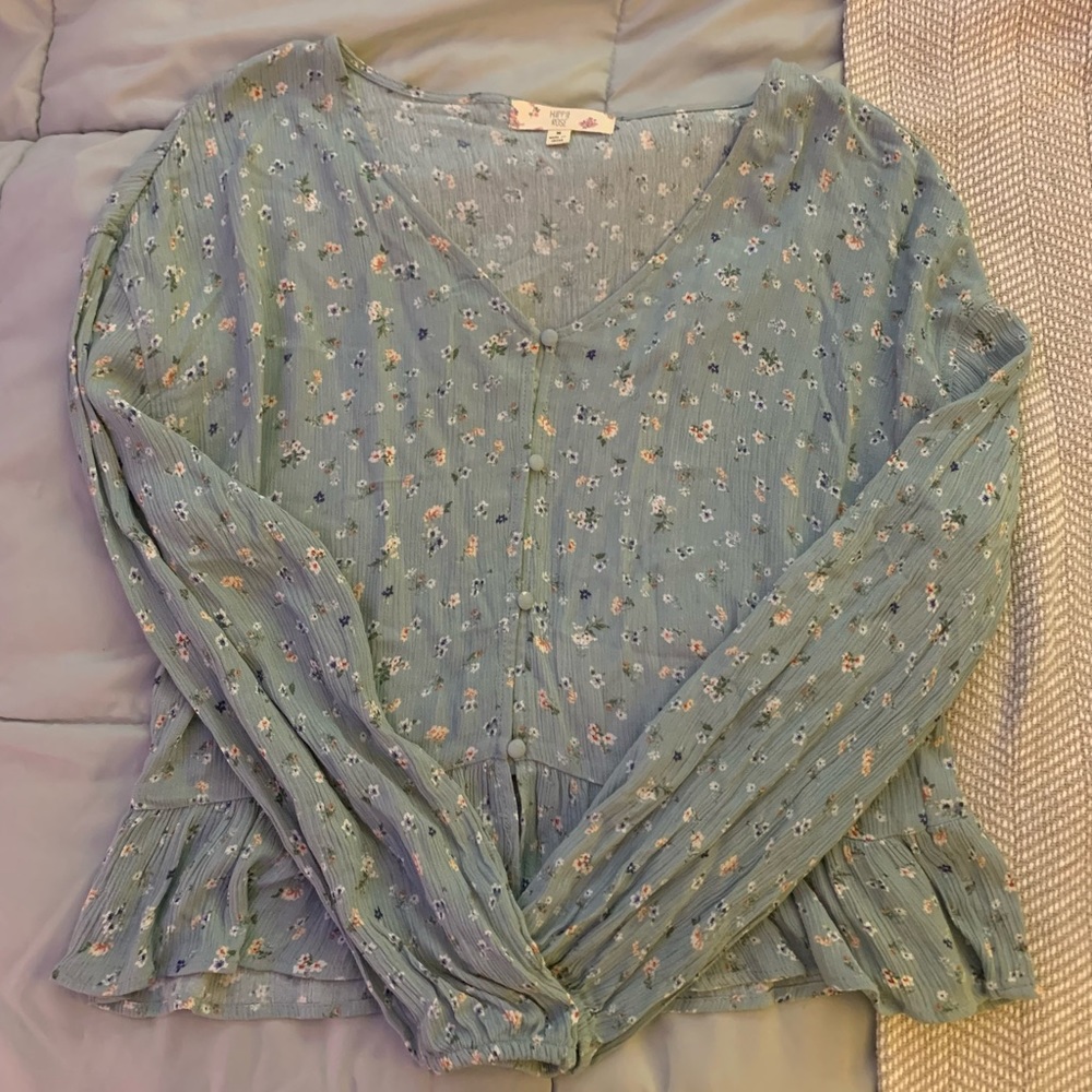 Blue Floral Hippie Rose Long Sleeve Blouse with buttons - size medium